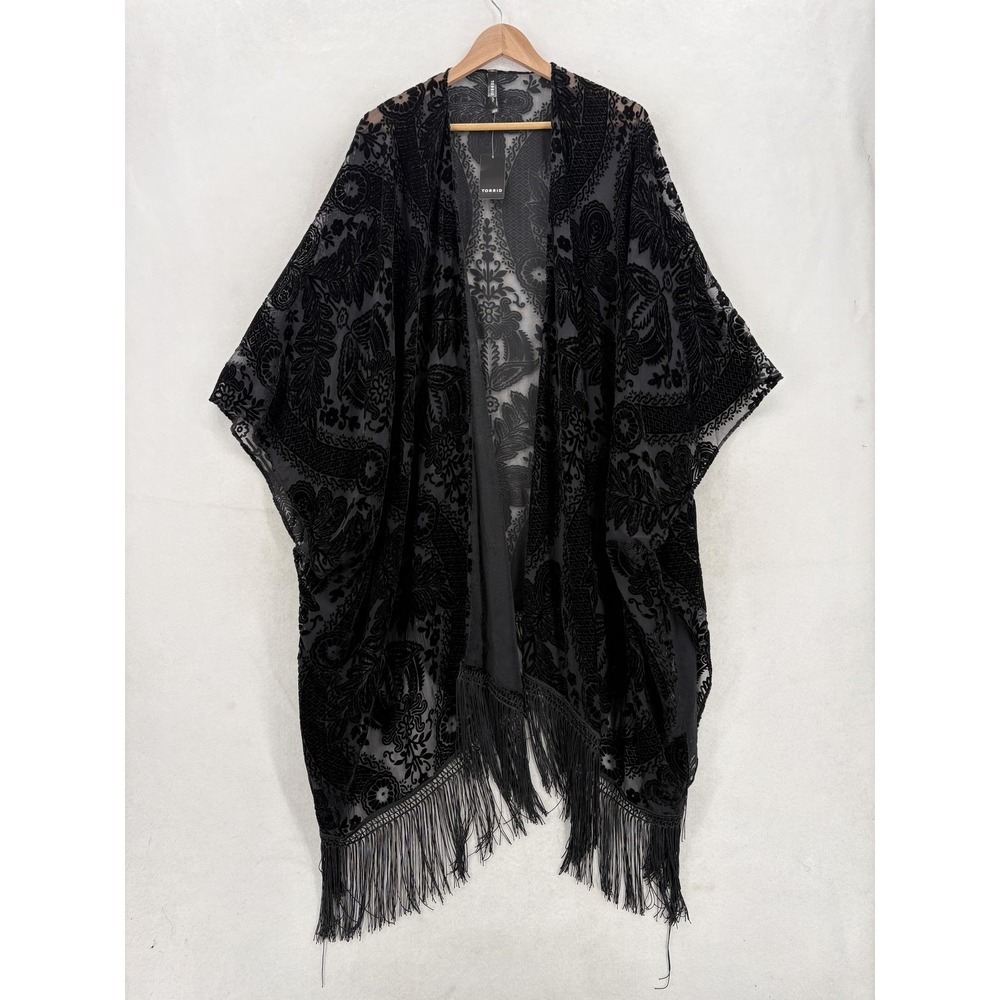 Torrid Poncho Womens One Size Black Burnout Velvet Fringe Kimono Ruana NWT